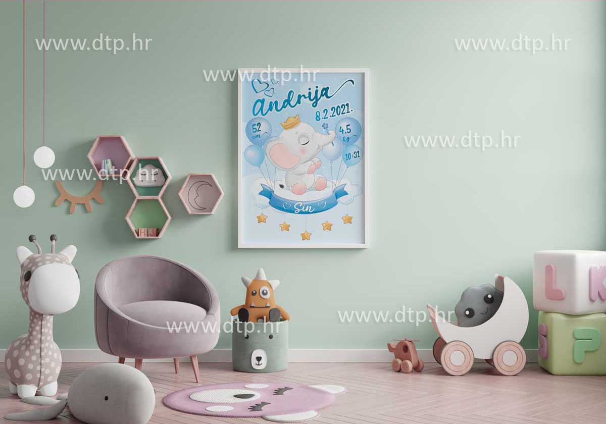 slika-drveni-okvir-slonic-decko Poster Slonić dečko personalizirana ilustracija za dječju sobu - Slika 1